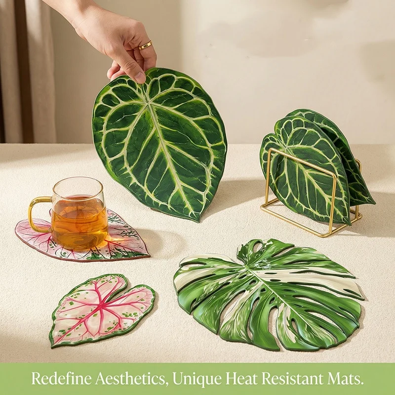 Waterproof Acrylic Leaf Coasters: Heat Resistant Table Mats with Tropical Monstera Design for Coffee Mugs, Kitchen Decor