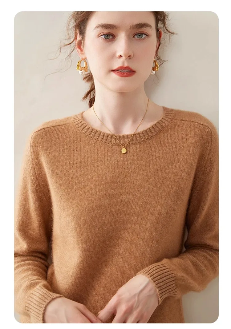 

Свитер из 100% чистого кашемира с круглым вырезом, женский осенне-зимний свитер, утолщенная свободная кашемировая трикотажная рубашка