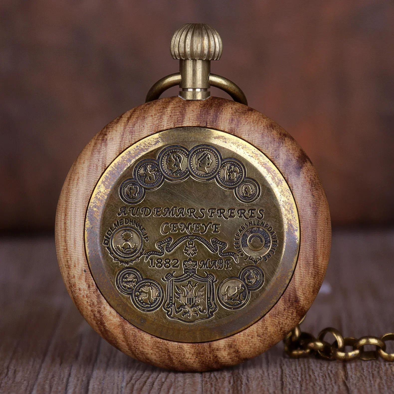 Reloj de bolsillo de madera completo con pantalla de números romanos clásicos, reloj mecánico colgante de bronce, cadena colgante, reloj Vintage nuevo