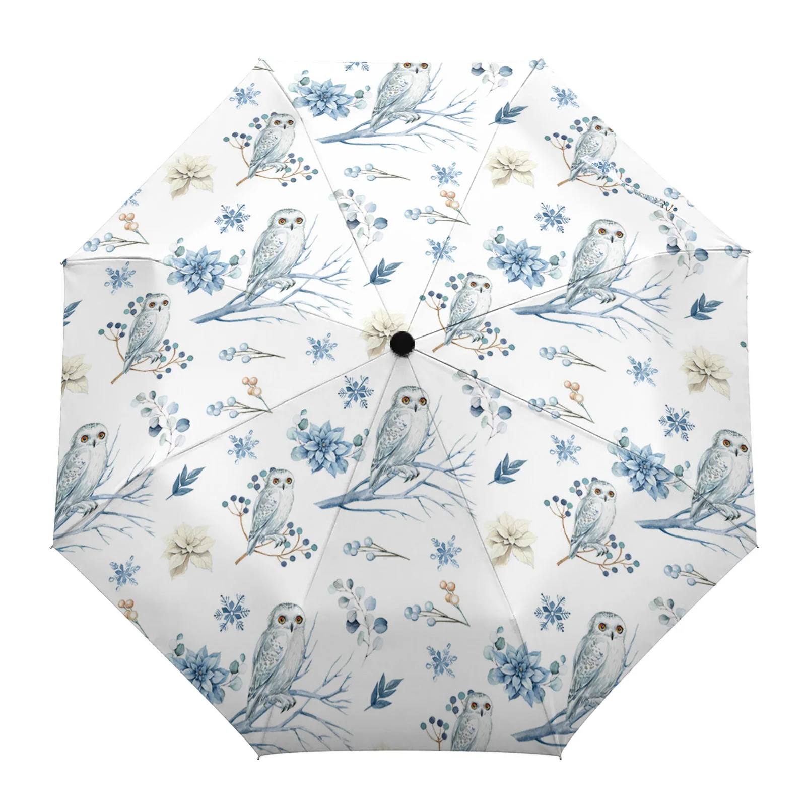 Winter Owl Eucalyptus Leaves Snowflakes Automatic Umbrella Travel Folding Umbrella Portable Parasol Windproof Umbrellas