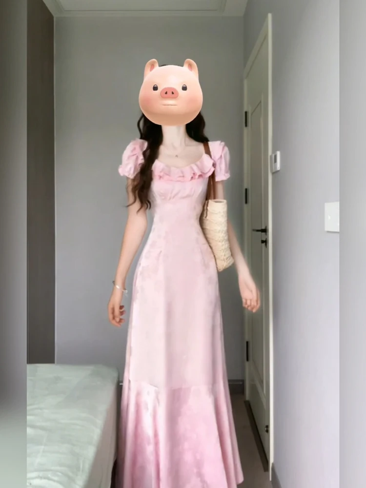 

XZY Ele Sweetened Blouse Ne Pink Dr Women Summer Tea Break Fi Tail Skirt A-Line Long Dr Polyester Fiber ort S...