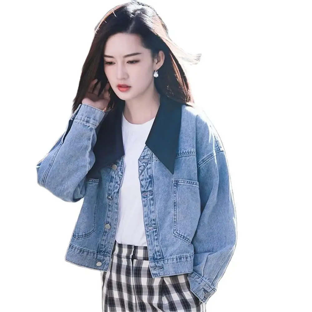 

Ladies Cropped Bf Outerwear Design Spring Pu Patchwork Clothing Slim Tops Basic Jackets Women Blue Denim Vintage All-Match Coats