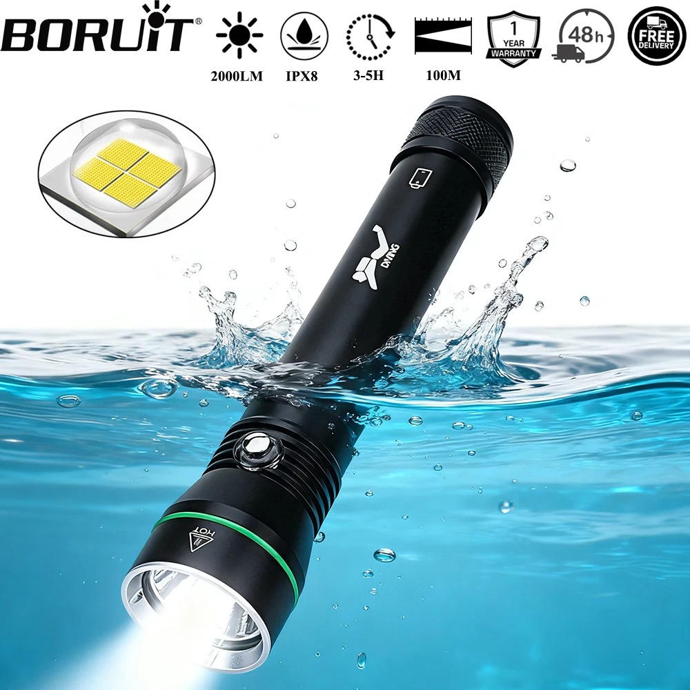 BORUiT S4 2000LM XHP50 LED linterna de buceo subacuática 110M IPX8 antorcha impermeable linterna de pesca submarina