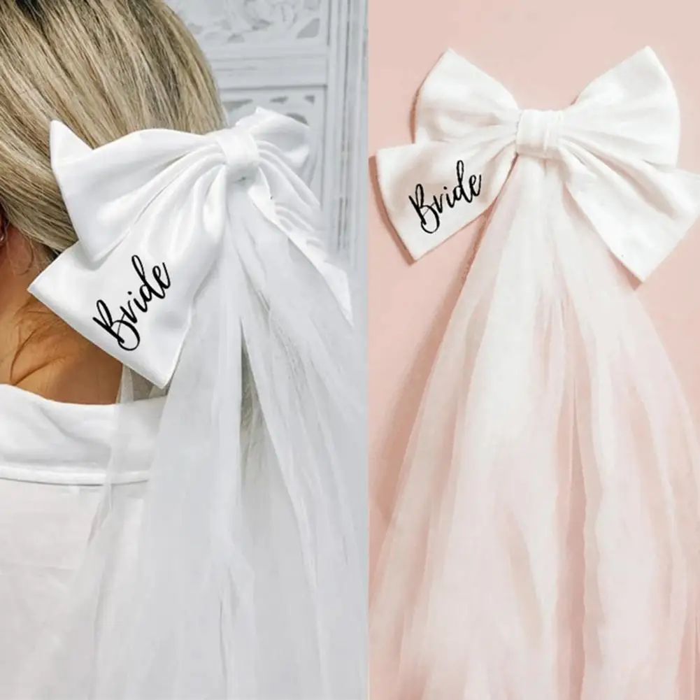 

Mesh Headdress with Lace Trim Breathable Fabric Women Headband Veils Bride White Bow Double Veils Headpiece Bride Headdress