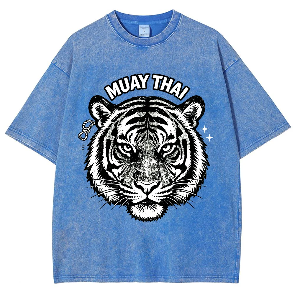 Men  Vintage MUAY THAI Tiger Graphic T Shirt Washed Cotton Oversized Short Sleeve Green Boxing Martial Arts Loose Tops