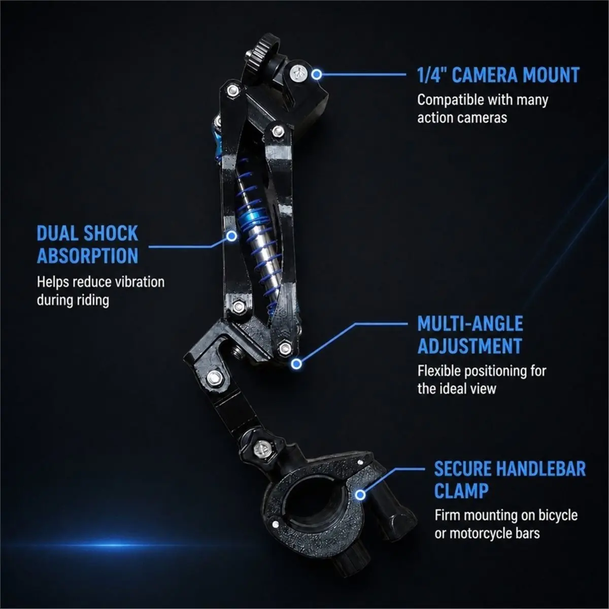 For Absorbing Camera Mount, Adjustable Extension with Handlebar Clamp for Bicycle and Motorcycle