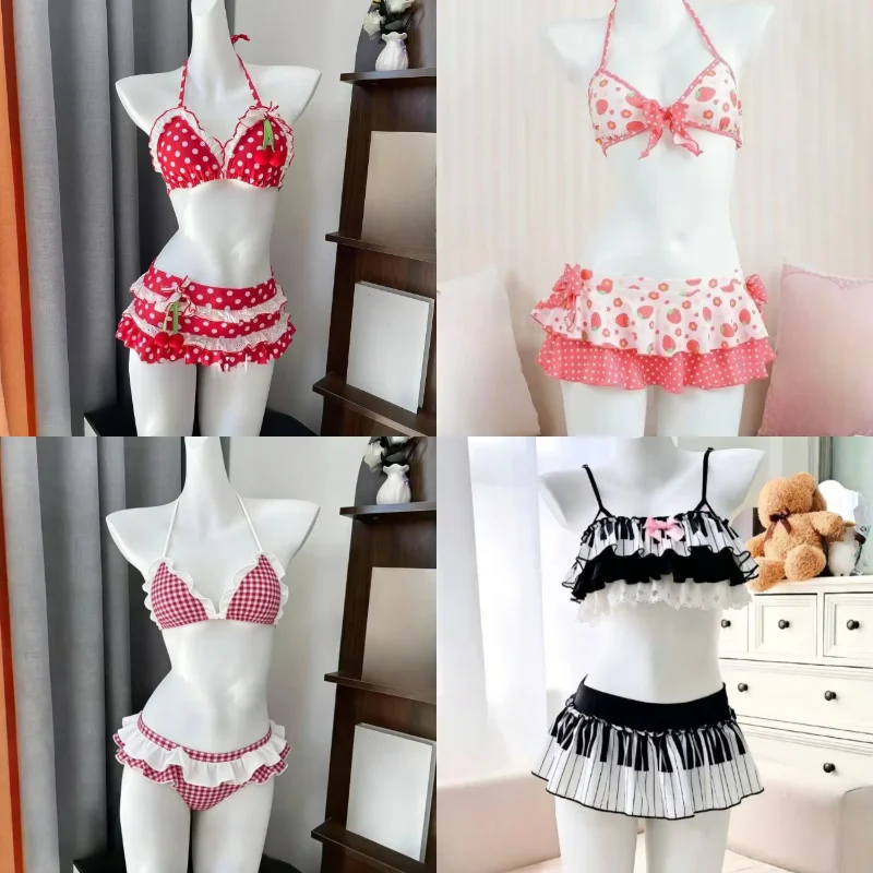 Kawaii Harajuku Two Piece Swimsuit Women Soft Halter Black White Piano Keyboard Printed Bikini Summer Pool Bathing Suit