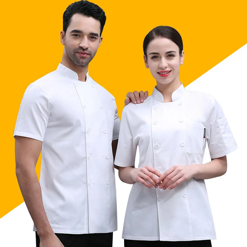 Solid Color Double-breasted Chef Long-sleeved Overalls, Short-sleeved Thin Kitchen Hotel Tooling