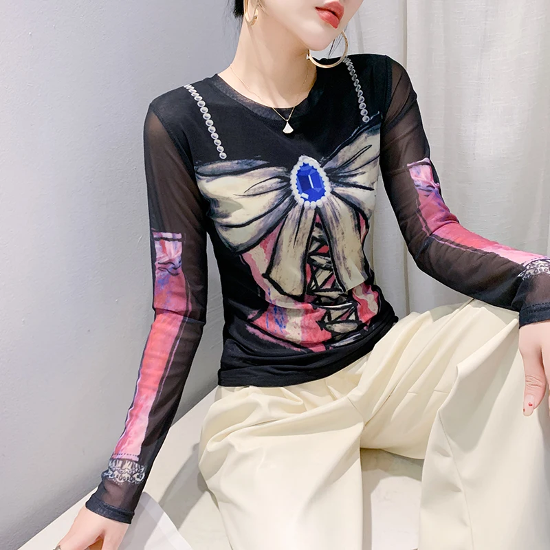 유럽 스타일 롱 슬리브 라운드 넥 티셔츠 여성 프린트 슬림핏 베이스 티셔츠 스트리트 스타일 가을 신상