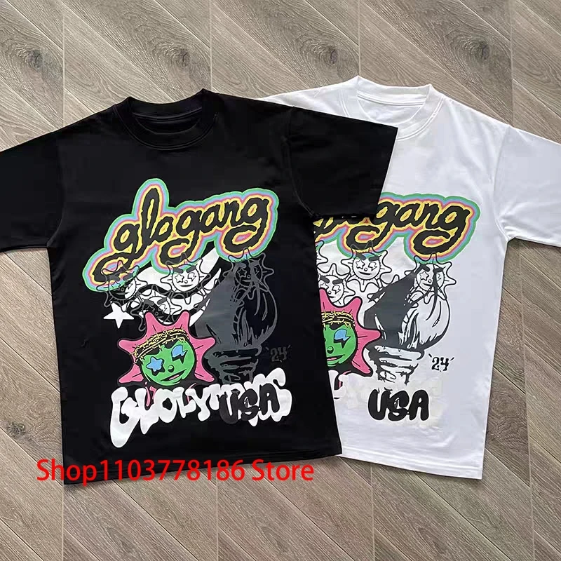 Men Women Clothing Glo Gang The Glory T-shirt Cartoon Graffiti Print Tee Street Hip Hop Style Loose Glo Gang Short Sleeve Top