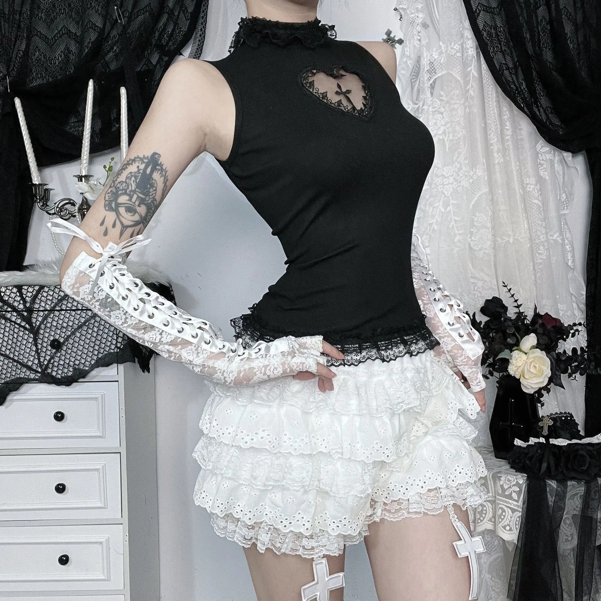 American verão tanques topo sólido básico techwear topos feminino shopping gótico malha retalhos cruz colete sem mangas camiseta alt roupas