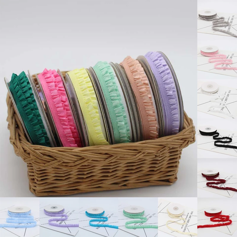 5yards 1cm Pleated Stretch Lace Trim Ribbon Ruffled Elastic Band Headdress Gift Box Bow Decorative DIY Craft Supplies