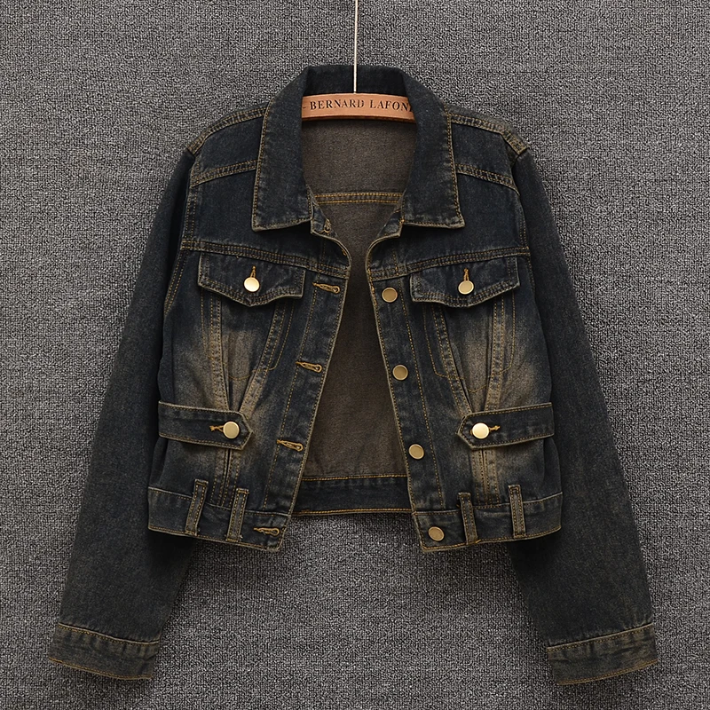 

Retro Women's Denim Jaet Waist-Cinching Button-Up Versatile ort Casual Top for Autumn Season Straight Cut Long Sve Pol...