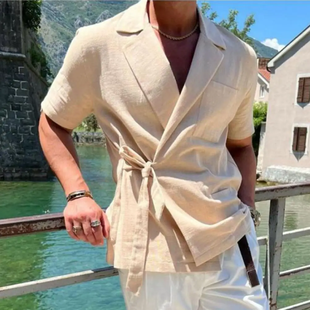 Flax Men Shirt Solid Color Summer Shirt Short-sleeved Shirt Suit Lapel Strap French Tie Waist Gentleman Loose Casual Shirts