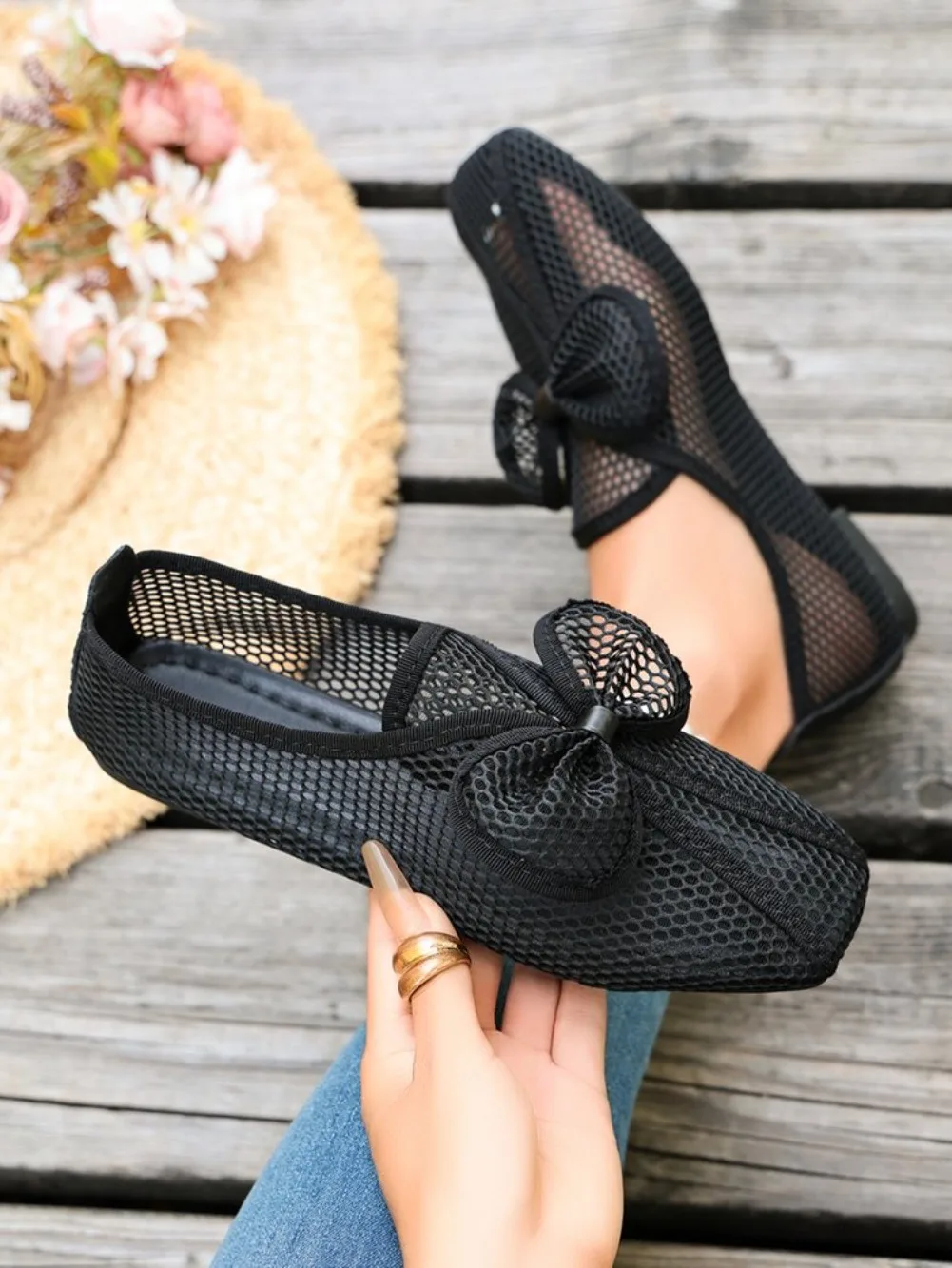 Retro Flache Schuhe Sommer Neu Quadratische Spitze Fischernetz Atmungsaktiv Hohl Ausgefallene Slip-on Baotou Halbpantoffeln Größe 42 – Detail 33