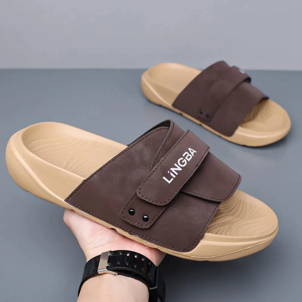 

Регулируемые летние кожаные шлепанцы с толстой подошвой для мужчин: новая модель для офиса, пляжа и дома, комфортная обувь