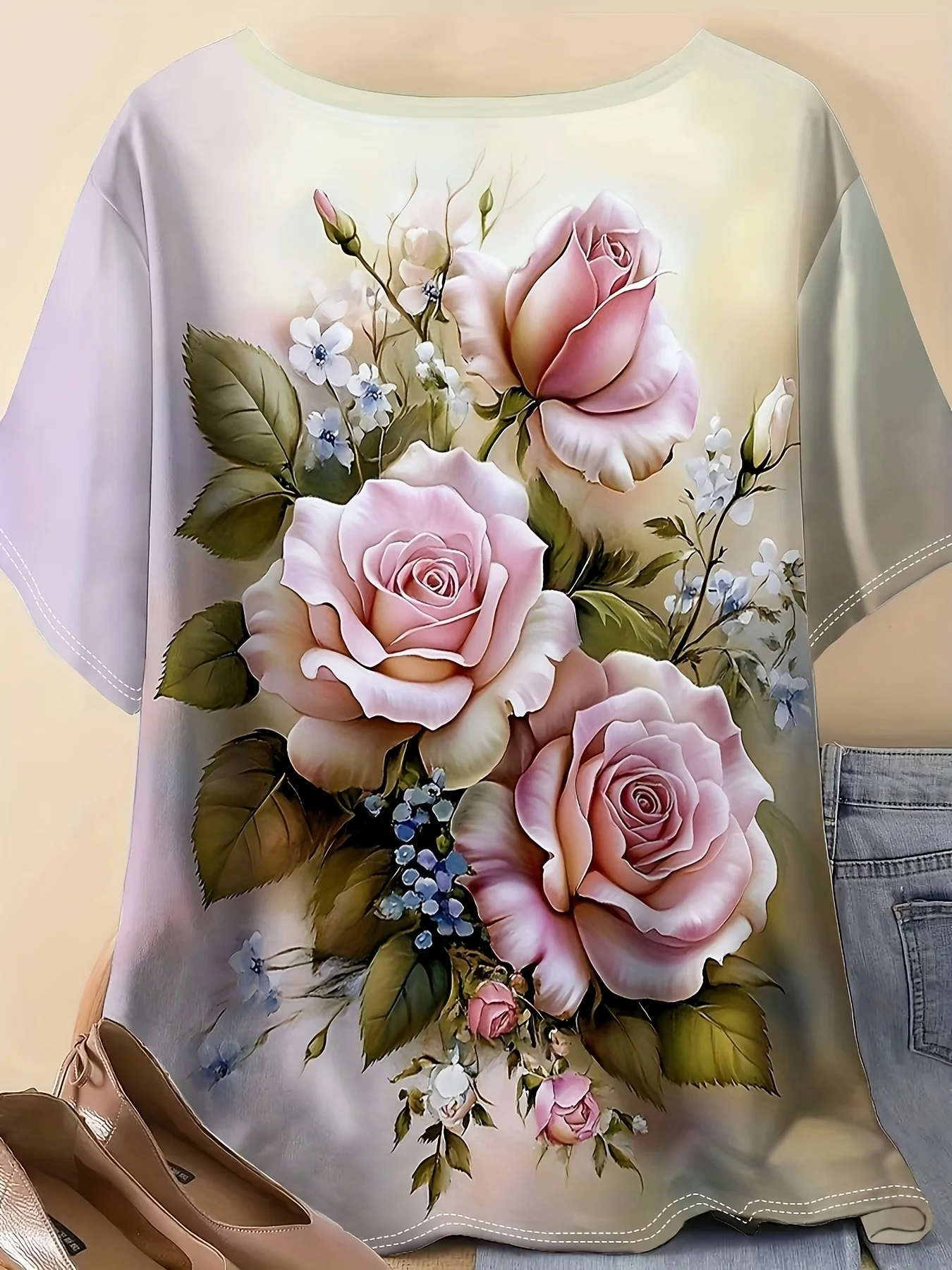 Women Short Sleeve T‑Shirt Vintage Pink Rose Floral Print Green Leaves Round Neck Loose Casual Summer Daily Tops