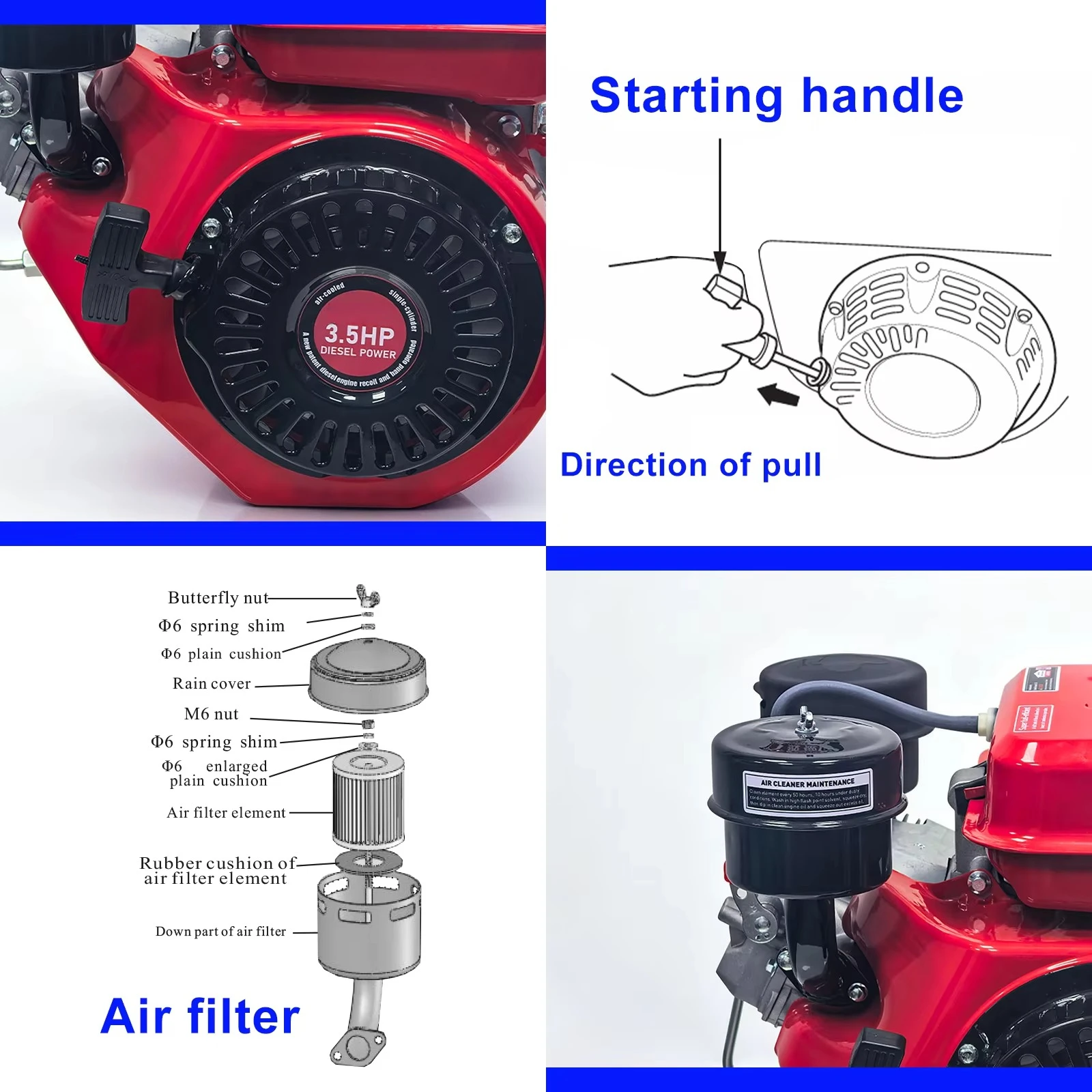 3.5HP/196cc 4 Stroke Single Cylinder Air-Cooled Engine with Recoil Start Pump & Bearing