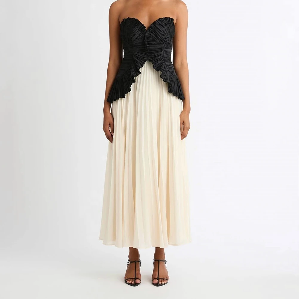 

Customized A-line Evening Dresses Tea-length Strapless Sleeveless Prom Gown Simple Fashion Draped Ruched Backless Party Gown