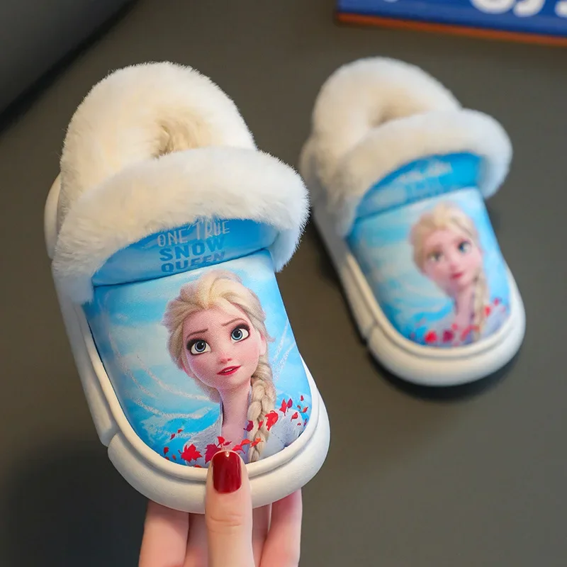 Disney Autumn Winter New Princess Elsa Cotton Slippers Girls Fashion With Heel Snow Non Slip Warm Slippers Kids Slipper Footwear