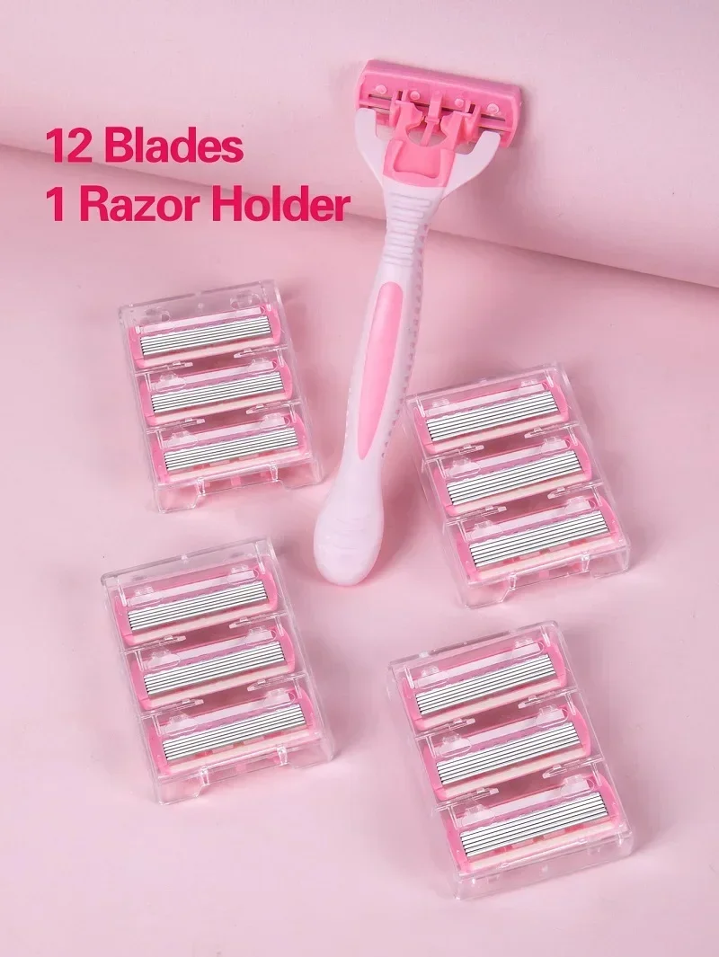 دليل 1 مقبض + 12 شفرات/ آمن لإزالة الشعر للرجال والنساء ماكينة حلاقة من الفولاذ المقاوم للصدأ مكونة من 6 طبقات رأس ماكينة حلاقة قابلة للاستبدال