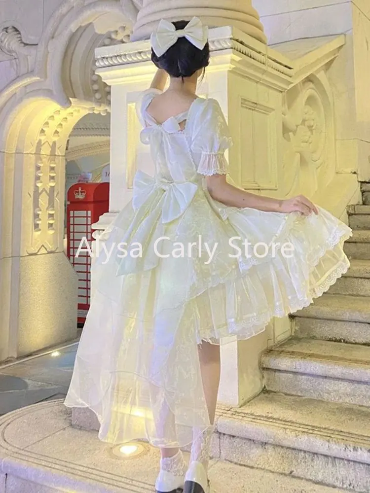 Sweet Fairy Lolita Dress Women Bow Ruffles Party Princess Dress Female 2023 Summer Casual Elegant Korean Dress Short Sleeve Y2k