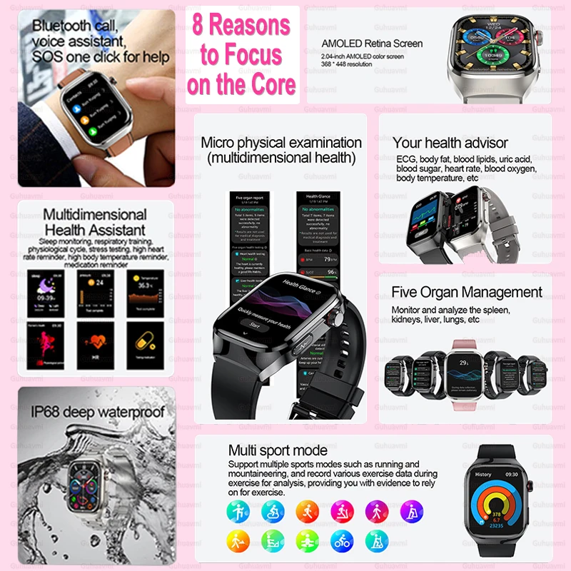 Women Medical Grade Health Smartwatch Physical Examination Blood Sugar Fat Heart Rate Uric Acid AMOLED Bluetooth Call Smartwatch