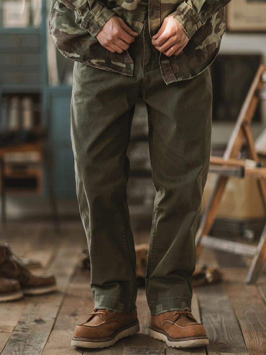 

Indigo Sea American Retro Chino Work Trousers Worn out Pure Cotton Loose Straight Leg Long Pants Youth Casual Pants