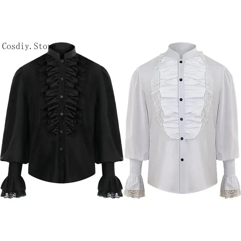 Nuevo 2025 camisa gótica Punk blusa con volantes de encaje disfraz de vampiro pirata de Halloween para hombre Victoria Jabot Tops renacentistas ★ ★ ★   jj.