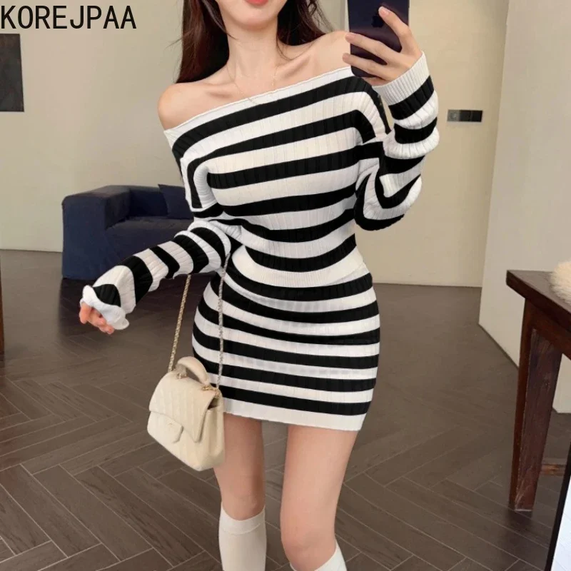 Korejpaa Fashion Striped Two Piece Sets Womens Outifits Autumn Slim Slash Neck Sweater Long Sleeve Top + Bodycon Mini Skirt