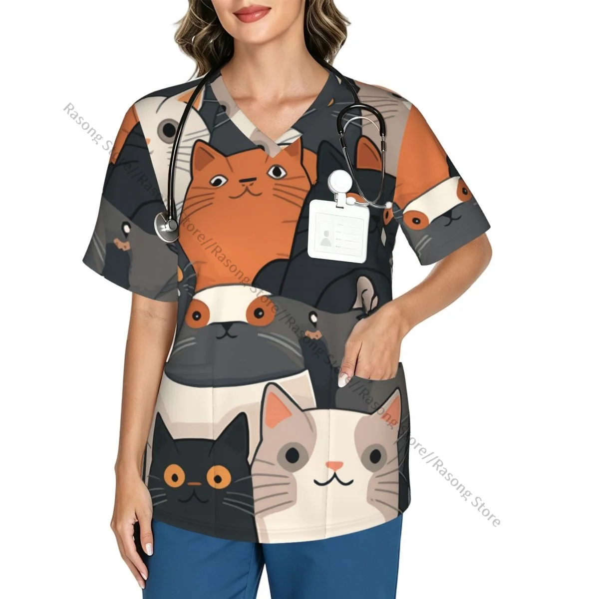 Cats Cartoon Scrubs tops medical uniforms women V Neck Stretch Scrub Shirt Dentist doctor Blouse