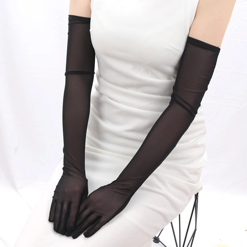 Elastic Transparent Sunscreen Sexy Driving Gloves Women Gloves Ultra Thin Dress Mittens Sheer Tulle 55cm Long Female Goth Gloves