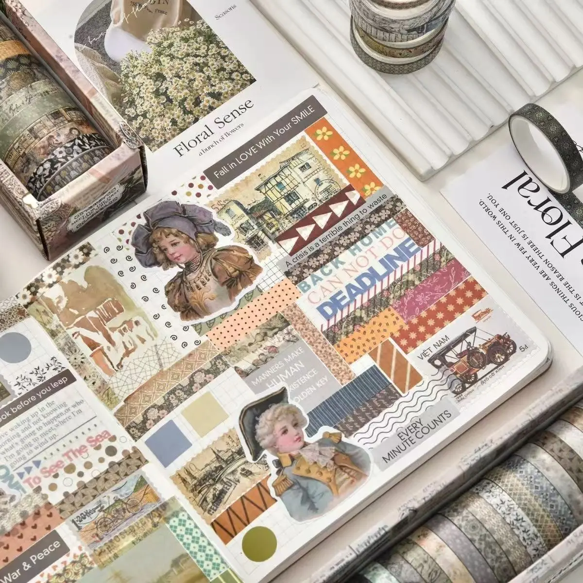 20 Rolls0.7cmx2m Vintage Washi Tape Set, Thin Floral Decorative for DIY Notebook Gift Box Stationery Decor, Removable Adhesive