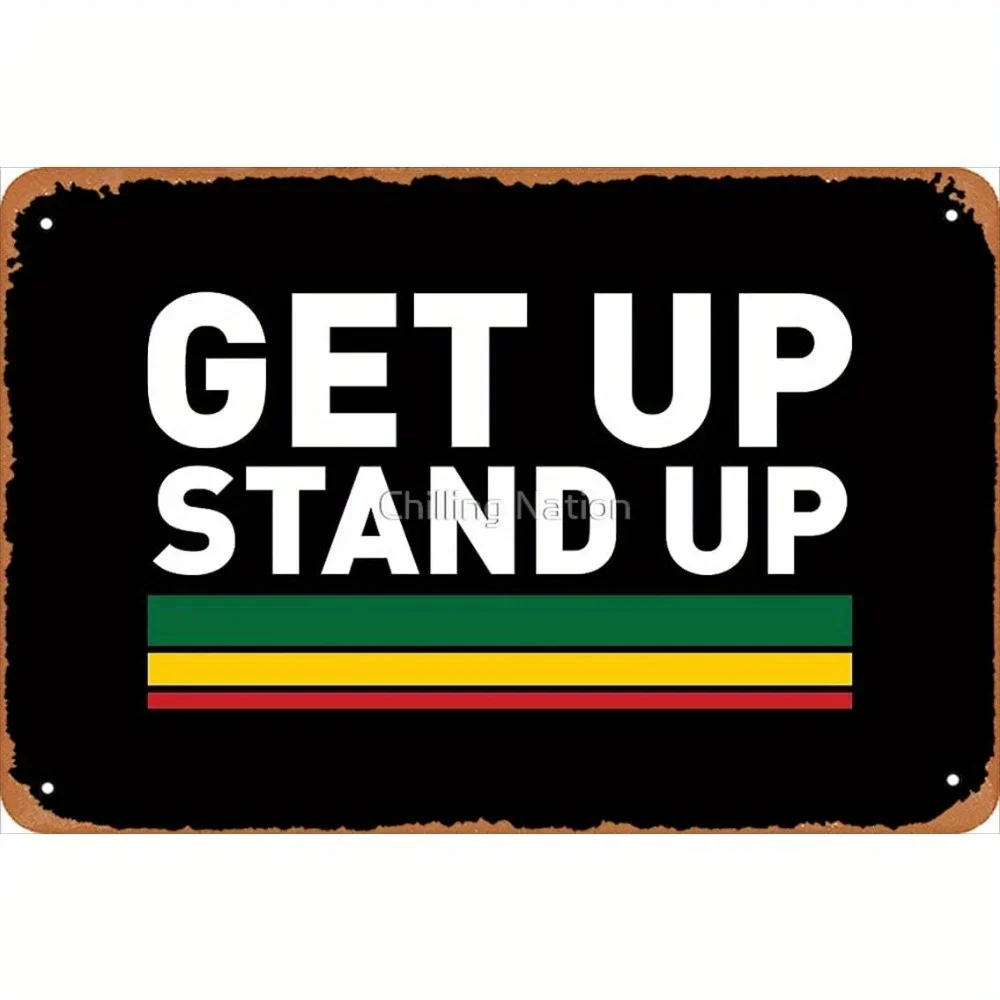 Get up up Reggae Rasta Style——Tin Metal Sign, Vintage Wall Art, Featuring Bold White Lettering, Green and Yellow Stripes, Black Letter B
