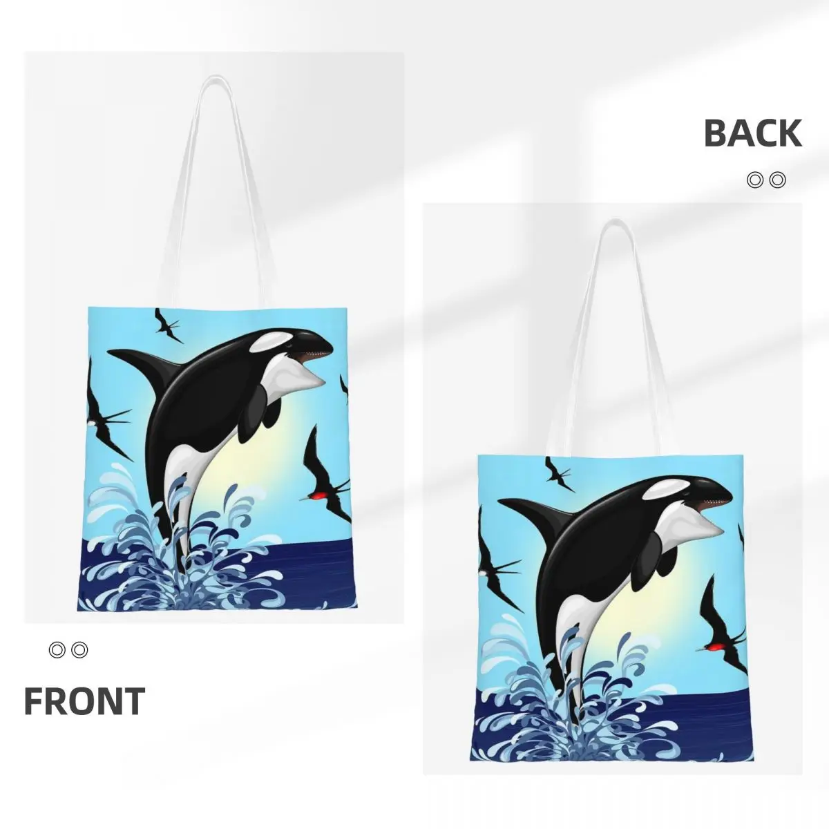 กระเป๋าช้อปปิ้งลายปลาวาฬนักล่าโอร์กากระโดดขึ้นจากมหาสมุทร กระเป๋าผ้าแคนวาสสำหรับผู้หญิง กระเป๋าโท้ทพับได้ กระเป๋าสะพายไหล่สำหรับผู้หญิง กระเป๋าถือสำหรับเดินทาง