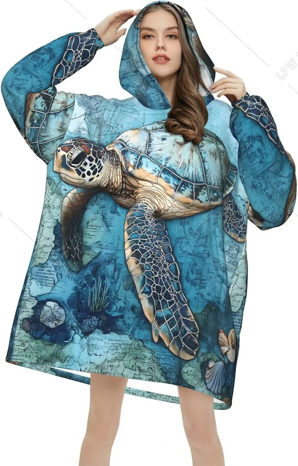 Sea Turtle Wearable Blanket Hoodie Ocean Animal Theme Oversized Sweatshirt Blanket Cozy Warm Sherpa Hooded Blanket With Pocket
