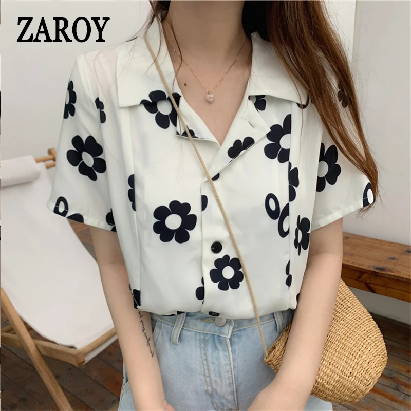 PLAZSON blusa elegante feminina camisas Summer Shirts Blouses Women Floral Print Short Sleeve Cropped Tops Lady Streetwear