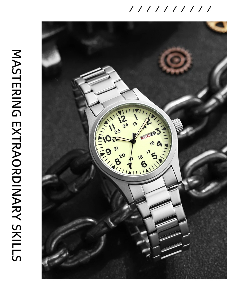 2026 Herren 38mm Leuchtende Zifferblatt-Uhr mit Tages- und Datumsanzeige, im Dunkeln leuchtend, grün, 30M wasserdicht, Felduhr mit Edelstahlarmband – Detail 16