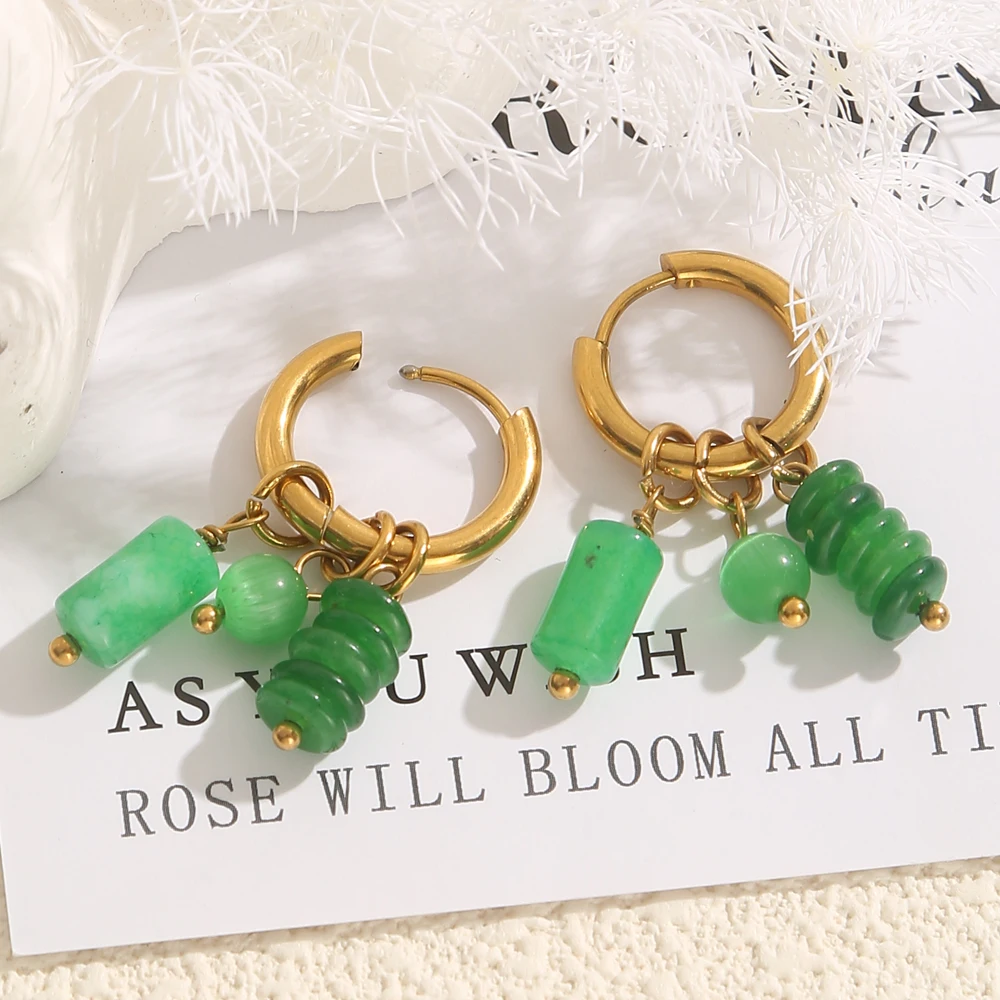 1 زوج الذهب اللون مطلي الفولاذ المقاوم للصدأ هوب أقراط للنساء خمر الحجر الأخضر سحر العصرية للماء مجوهرات هدية #1