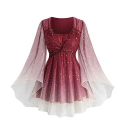 ROSEGAL Women's Plus Size T-Shirts Stars Silver Stamping Ombre Print Mesh Twist Ruffles Ruched Flare Sleeves Tops Red Costume