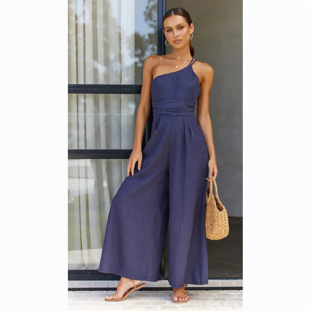 

Womens Deep Blue One Shoulder Spaghetti Strap High Waist Ruched Wide Leg Jumpsuit Summer Beach Vacation Casual Wear