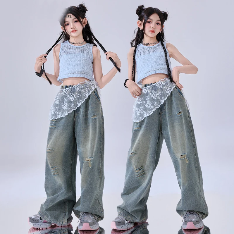 

Летний костюм для джазового танца для девочек, синий сетчатый жилет, мешковатые джинсы, одежда для уличных танцев, одежда для выступлений в стиле хип-хоп, детская BL15776