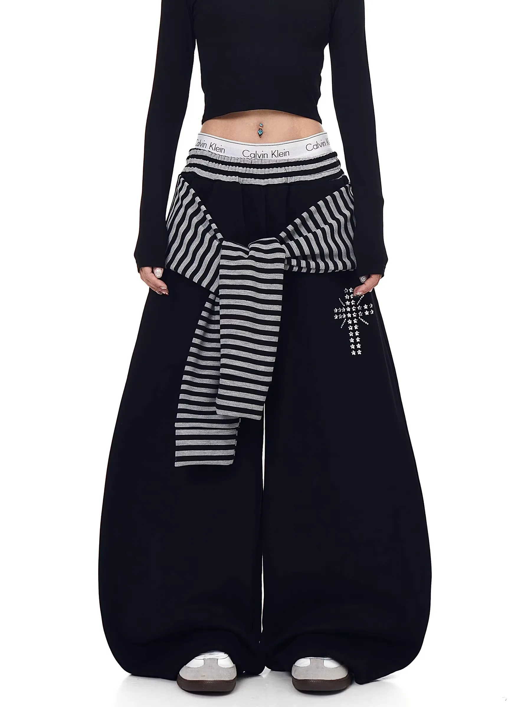 Retro American Striped Waist Tie Patchwork Rhinestone Wide Leg Pants Women's Spring Autumn New Trendy Jazz Dance Casual Pants