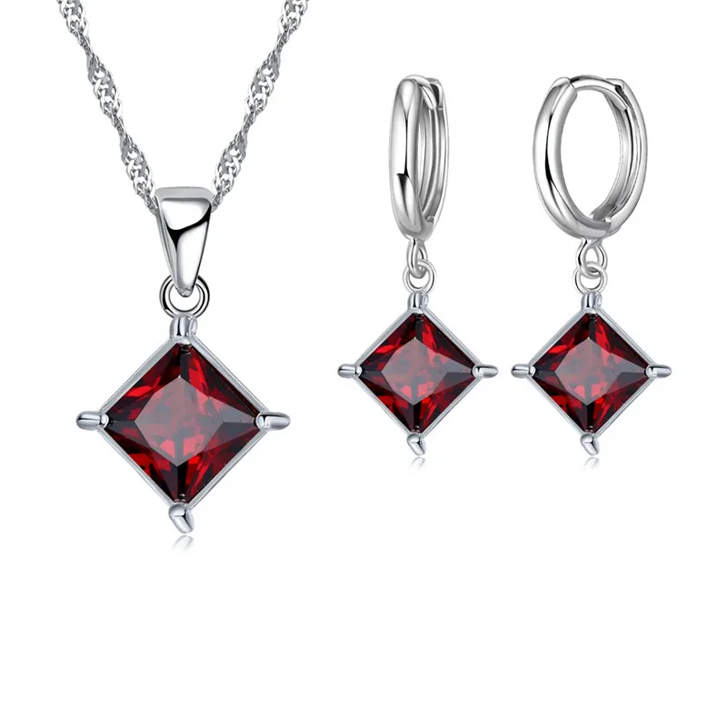 Authentische 925er Sterlingsilber-Farbe, CZ, geometrisch, klassisch, quadratisch, Huggie-Ohrringe, Halsketten-Sets für Damen, edler Schmuck