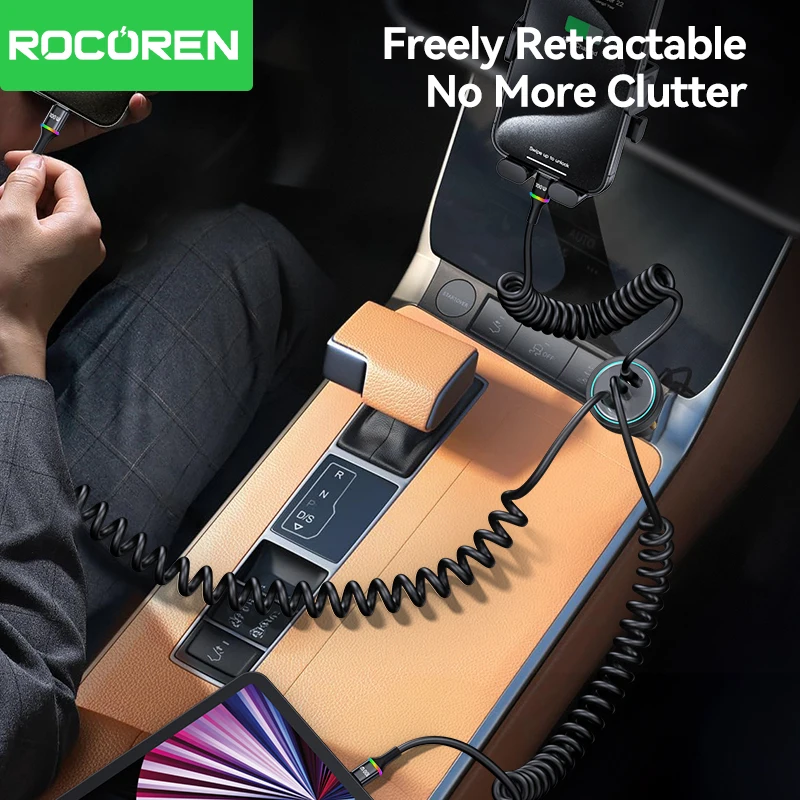 Rocoren PD 100W USB C para Tipo C Cabo de mola de carregamento rápido Cabo de dados flexível para iPhone 16 15 pro MacBook Samsung Xiaomi