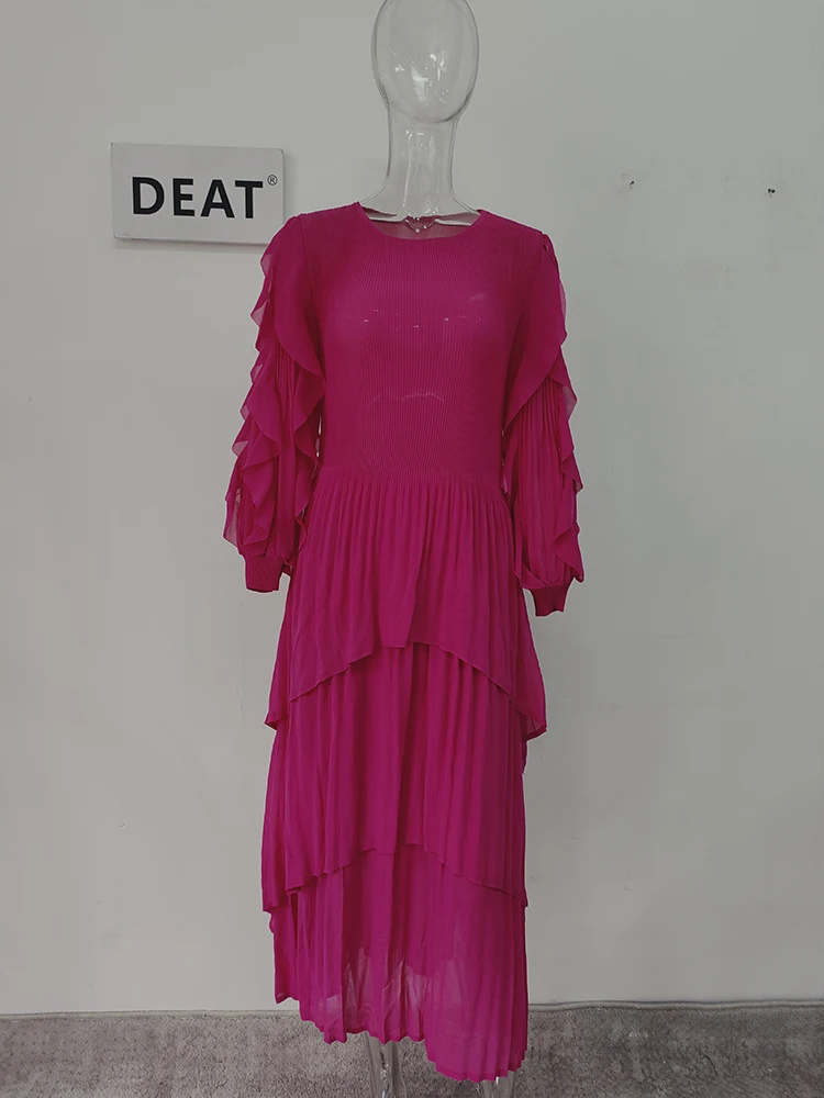 DEAT Patchwork Ruffles Pleated Dress Women Chic Style Fashion Round Collar Full Sleeve A Line Irregular Hem Elegant 15KB3040