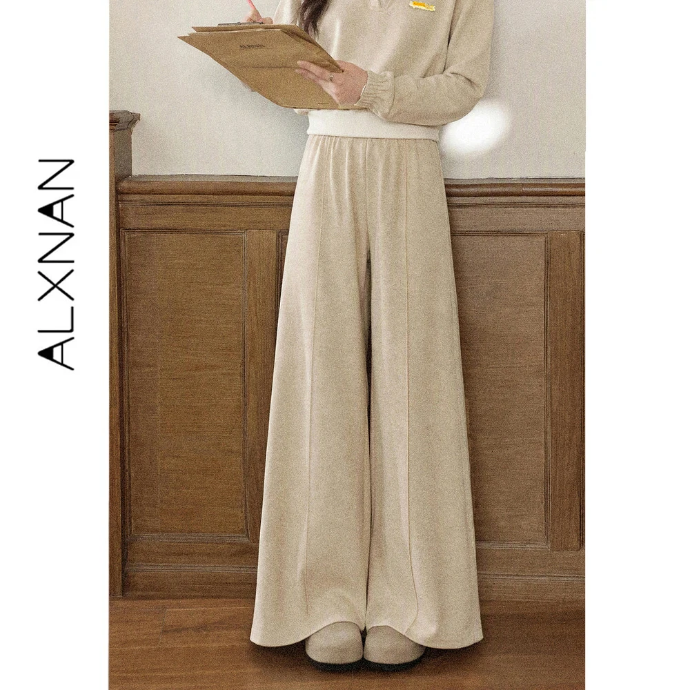 ALXNAN Oatmeal Pants for Women Autumn 2026 Casual Wide-leg Baggy Pants Elastic Waist Loose-fit Female Trousers L681107A