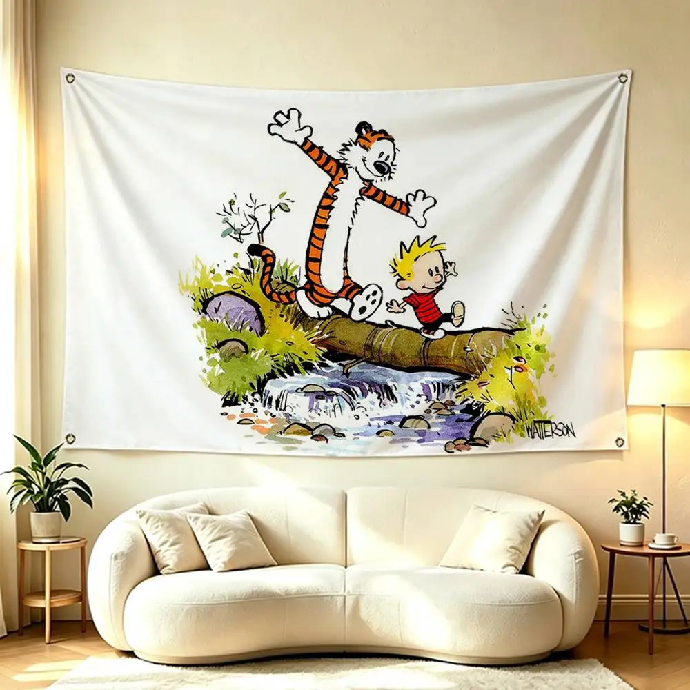 Calvin and Hobbes  Flags Wall Hanging Tapestry Outdoor Garage Room Decorative flag Background Blanket