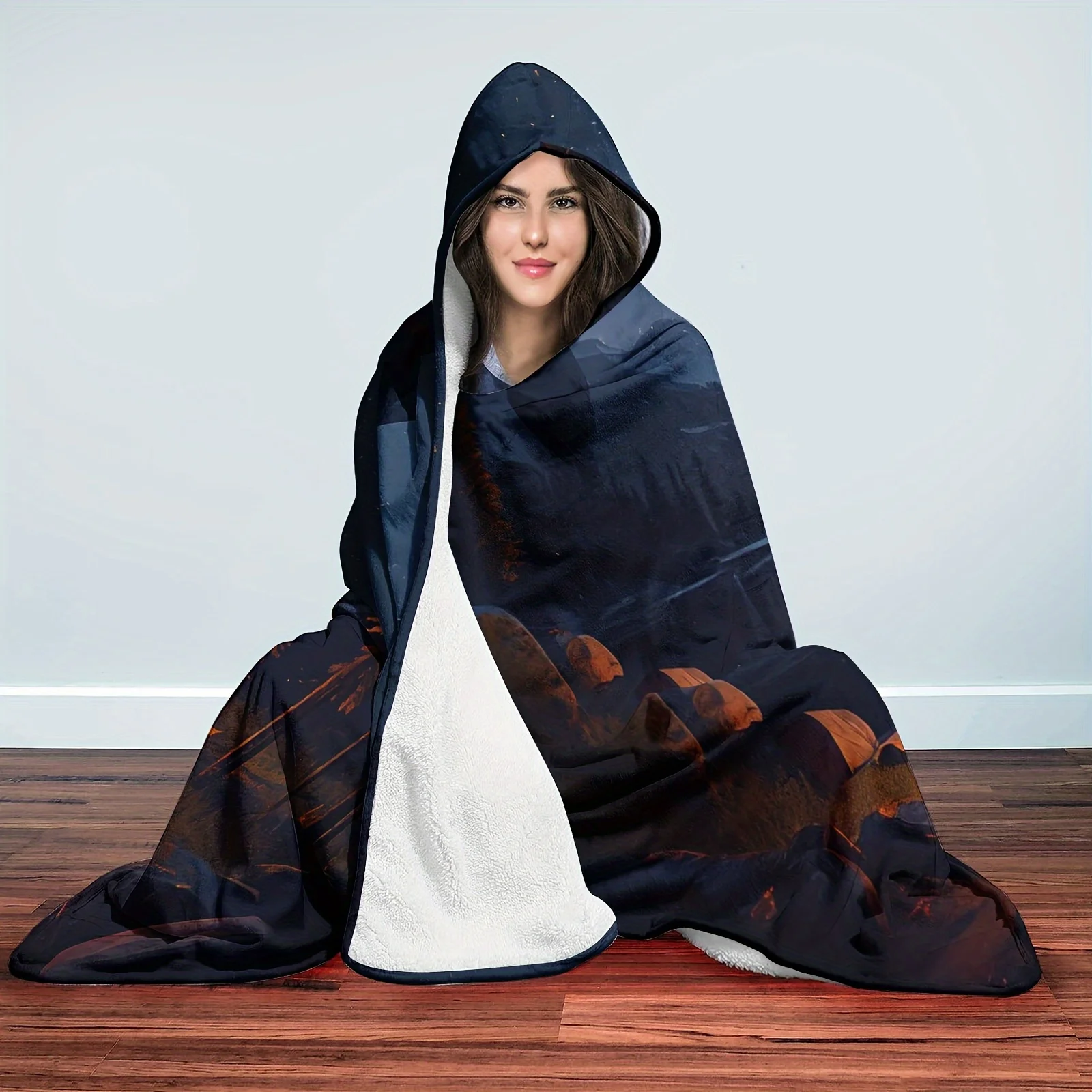 Launch 1pc Camping Pattern Hooded Blanket, Digital Printed Flannel Throw, Magic Hat Blanket, Soft And Warm Blanket