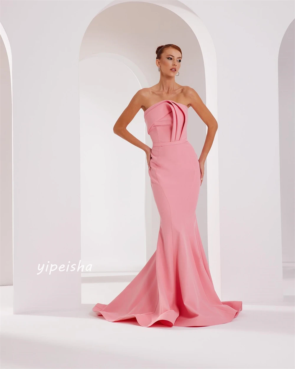 Jersey Draped Pleat Cocktail Party Mermaid Strapless Bespoke Occasion Gown Long Dresses